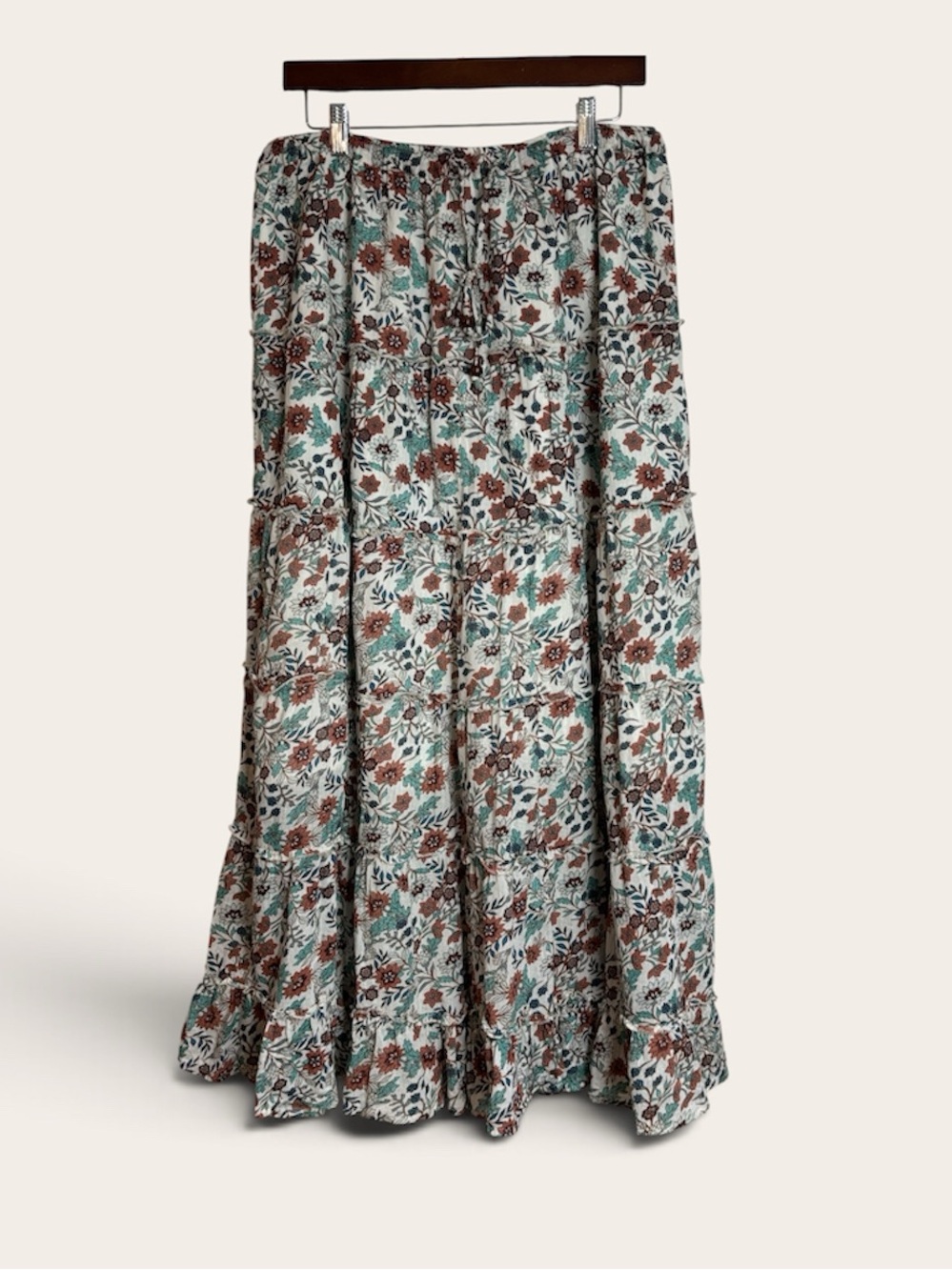 Rachel Zoe Floral Maxi Skirt Teal Rust Size Medium Ruffled Lined Cottagecore